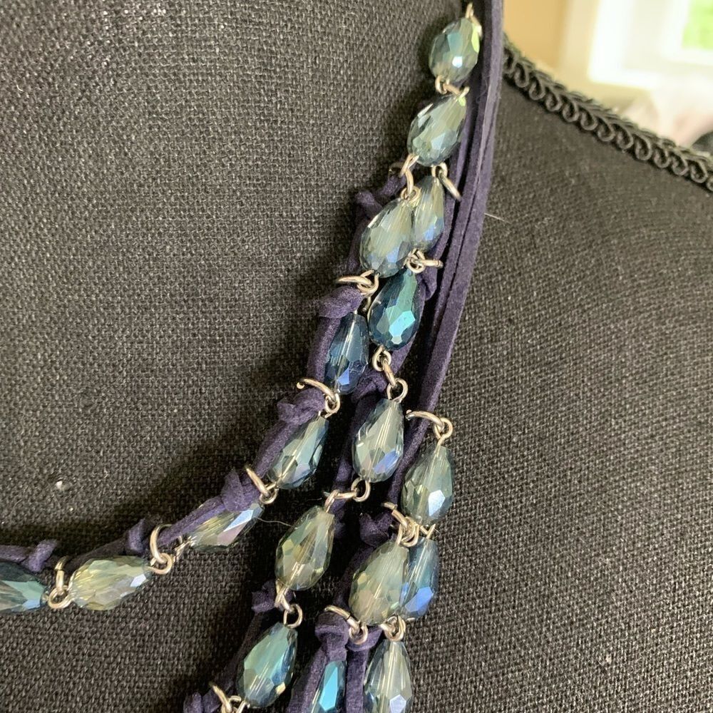 Sparkly blue glass multi strand necklace on satin rope/ silver - Picture 3 of 5